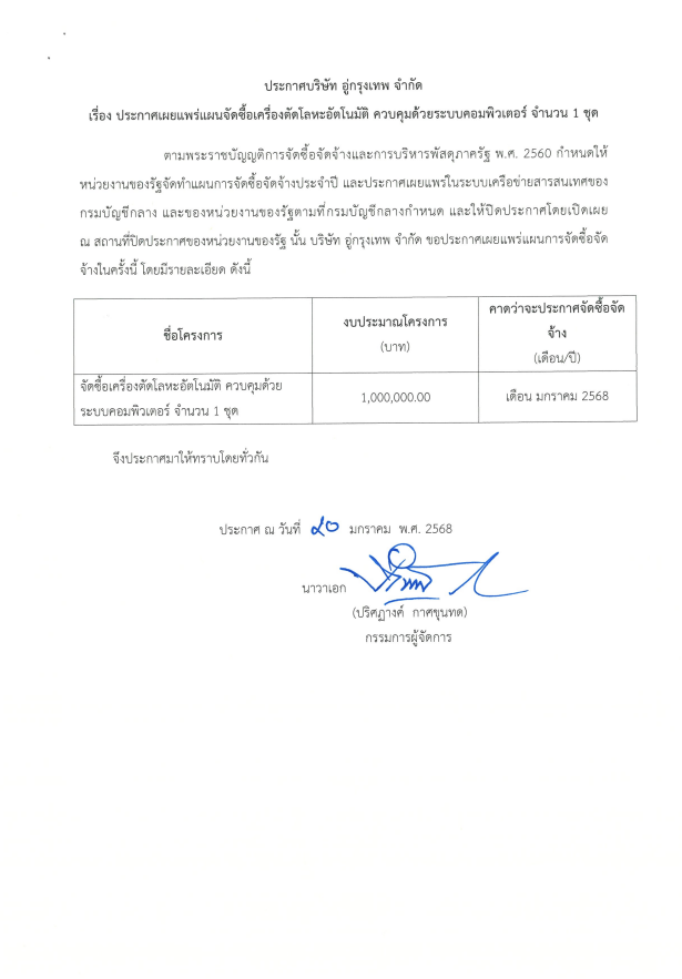 ประกาศ แผนจัดซื้อเครื่องตัดโลหะอัตโนมัติ