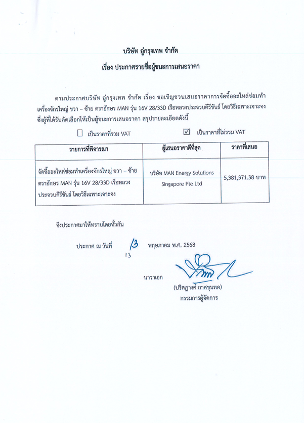 ประกาศผู้ชนะ อะไหล่ MAN